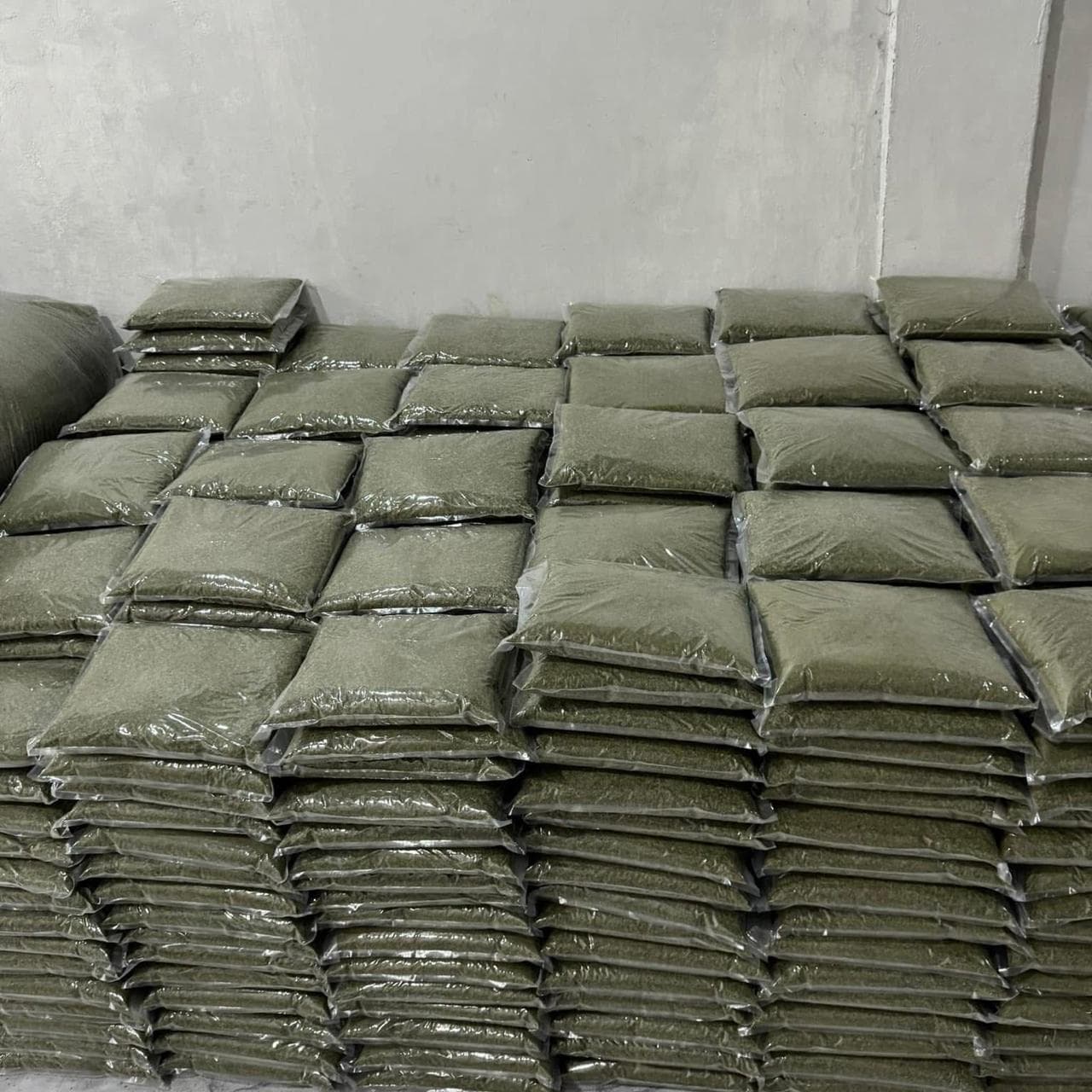 Stacks of transparent vacuum-packed kratom bags ready for carton packing